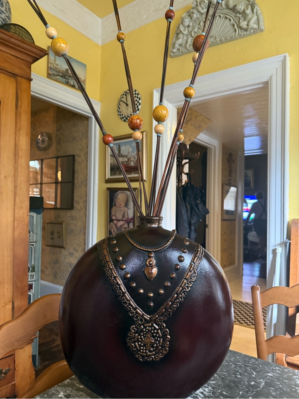 Round Decorative Floor Vase with Bronze Accents - Brown